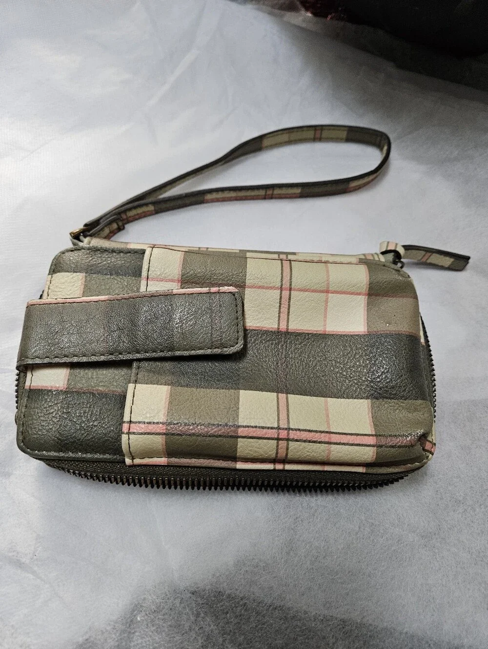Leather Wristlet Clutch in Green Plaid
